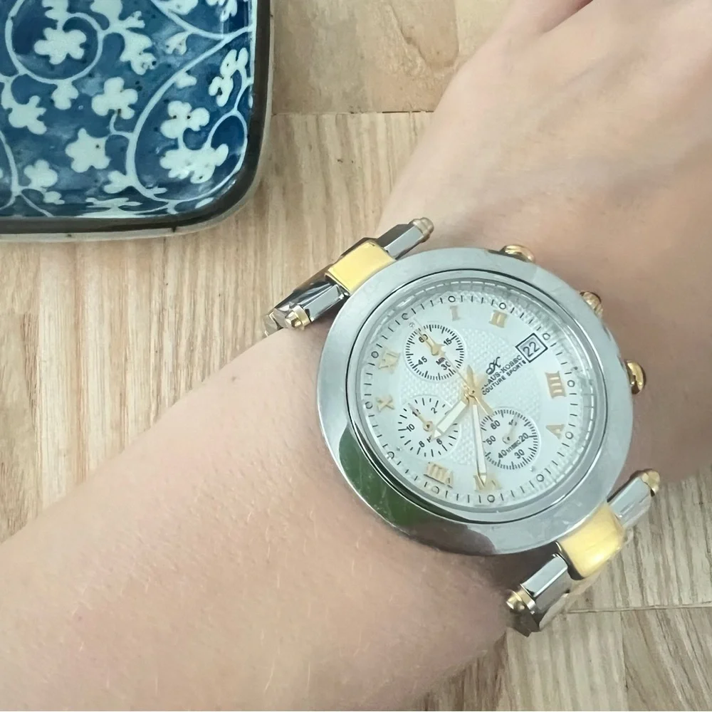 Klaus Kobec couture sports two tone chronograph dress watch NEW BATTERY